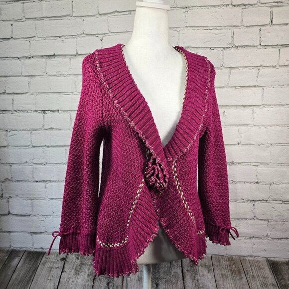 WOMENS RUBY RD CARDIGAN SWEATER RUFFLED EDGES PLUM COLOR ROSSETTE CLOSURE SIZE L - Picture 1 of 7
